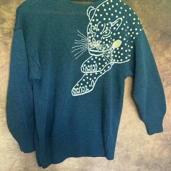 Nannell Hand knit Blue Vintage Big Cat Sweater with Sequins Small - Picture 2 of 5